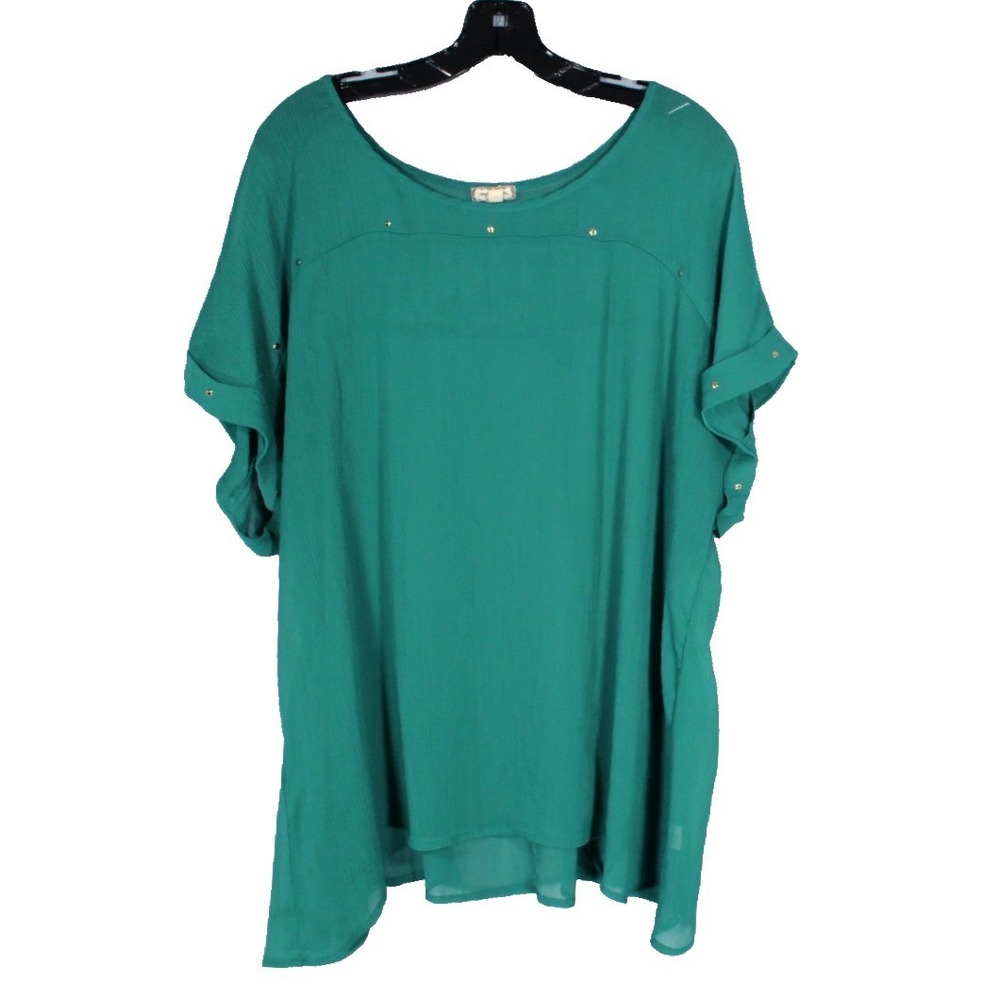 EYESHADOW Sheer CREPE CHIFFON Gold Studs CUFF SLEEVES Green BLOUSE/TOP Sz 3X
